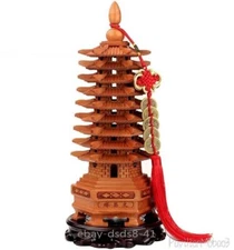 11" Chinese Peach Wood Carved 9-Level Pagoda Wen Chang Buddha Tower Feng Shui