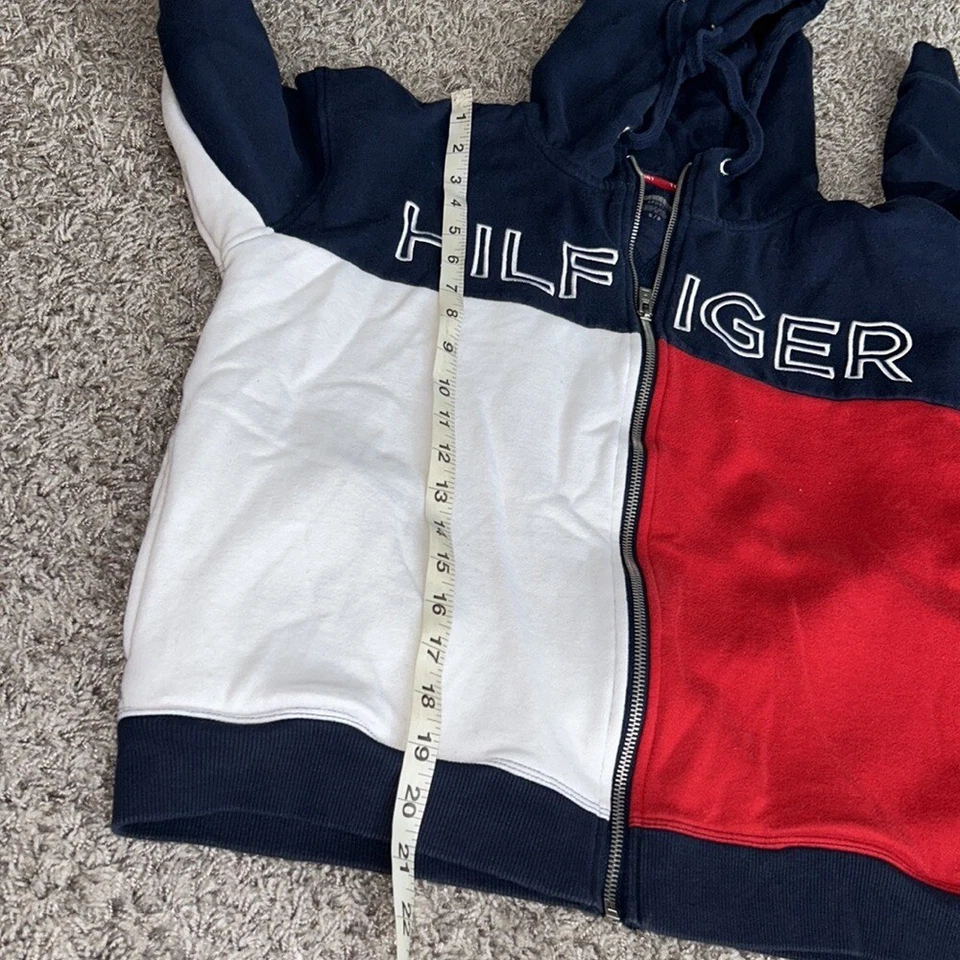 Tommy Hilfiger运动红色白色蓝色全拉链口袋女式小号连帽衫夹克 — 第 3/4 张图片