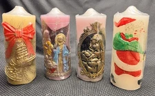 Vintage Christmas Pillar CANDLES Lot JASCO Santa Nativity Bells Religious