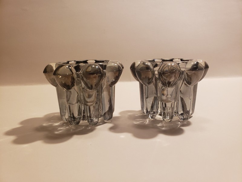 2 Sided Smokey Gray Glass Candle Stick Holders
