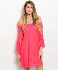 Coral Pink Lace Overlay Cold Shoulder Dress Size Medium Rockabilly Boho 