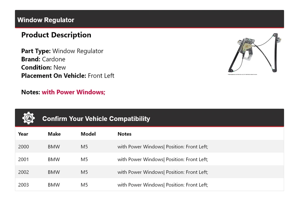 Регулятор переднего левого стекла Cardone 2001 2002 для BMW M5 2000-2003 годов выпуска - Изображение 2 из 4