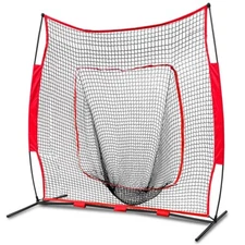Baseball Softball Practice Hitting Net Bow Frame W/Red Bag & Ball Caddy 7'×7' 