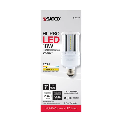 Satco S49670 18W LED HID 100-277V Corncob Bypass Medium E26 2700K Warm White - Picture 5 of 11