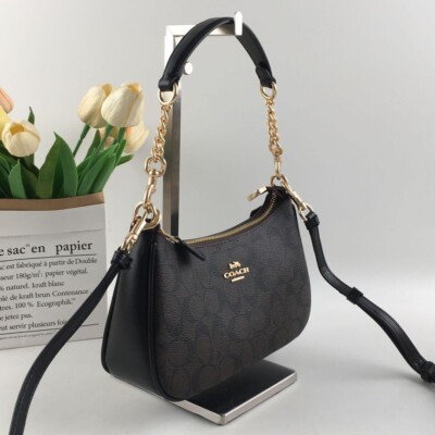 COACH Teri 2Way Shoulder Bag Signature Coated Canvas Black Brown