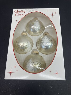 Christmas By Krebs Glass Pearlized Glitter Ornaments Boxed Set of 4 Tree