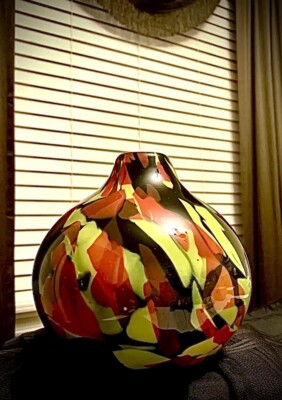 Beautiful Hand Blown Studio Art Glass Black Multi-Color Round Sphere Vase