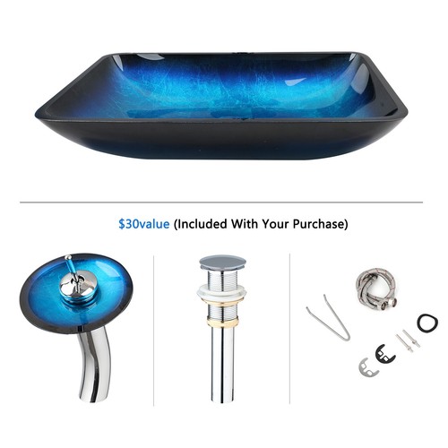 Fregadero de lavabo de vidrio rectangular de 22" azul cromado/negro - Imagen 4 de 15