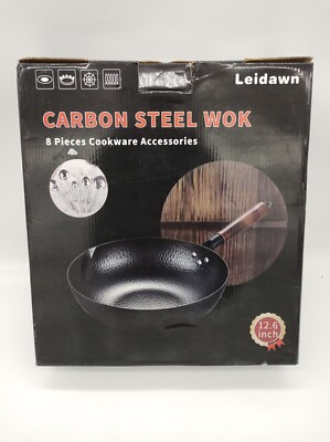 Leidawn 12.8'' Carbon Steel Wok + 9 Piece Accessories Stir Fry Pan Wooden Handle
