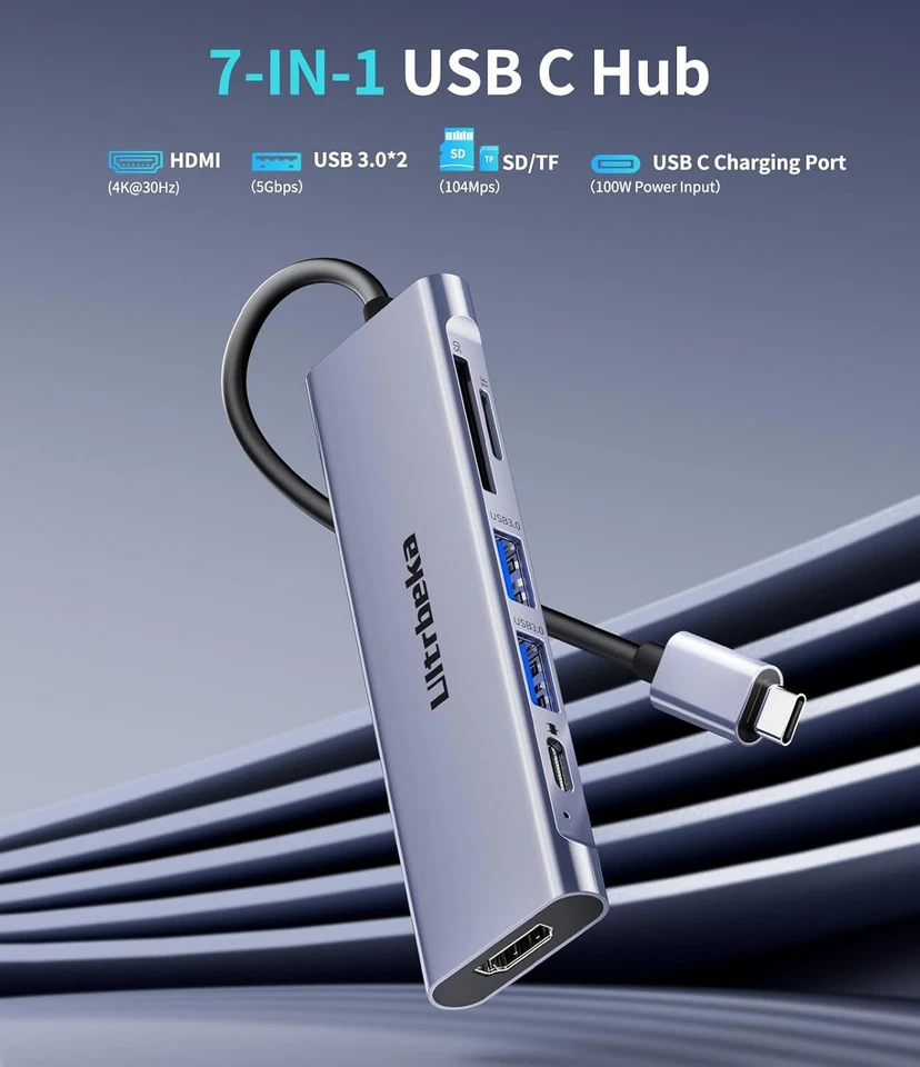 USB C Hub, 7in1 USBC Hub, 4K HDMI Multiport Adapter, TF/SD Card Reader, 2×Powere - Image 2 of 4