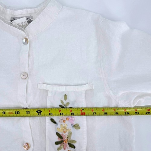 Nino Wong VTG Linen Embroidered Button Down White Shirt Sz S Lagenlook Cottage - Picture 8 of 10