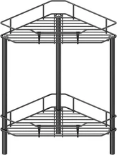 2 Tier Floor Standing Corner Shower Caddy Organizer Shelf with Hooks Bathroom