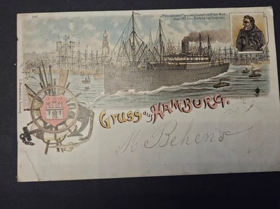 Postcard Gruss a Hamburg Pennsylvania largest steamship in the world 1898 used (B538)