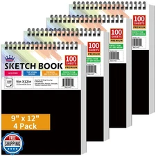 WINNER 9" x 12" Sketch Book 4 Pack, 400 Sheets Spiral Bound Art S