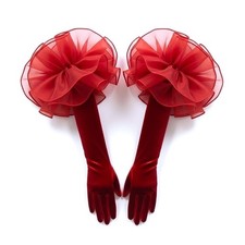 New Red Velvet Opera Evening Gloves Large Tulle Puffs Vintage Style Long Formal