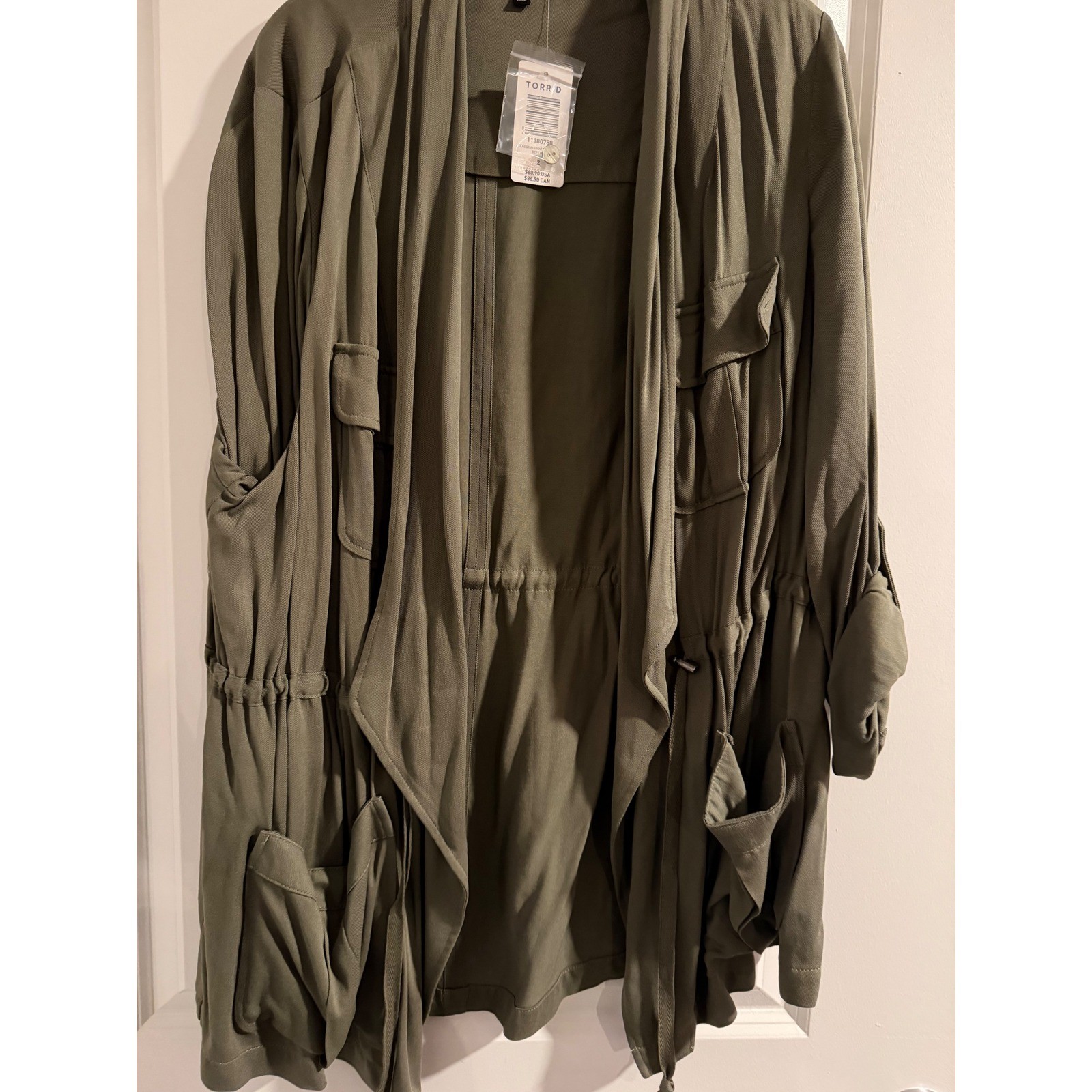 TORRID Olive Green Drapey Utility Jacket Pockets Drawstring Size 2