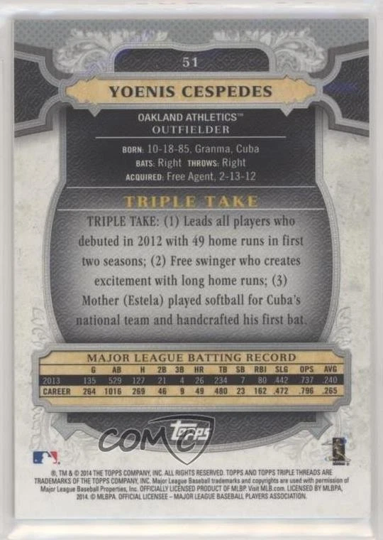 2014 Topps Triple Threads Emerald /250 Yoenis Cespedes #51 - Image 2 of 2