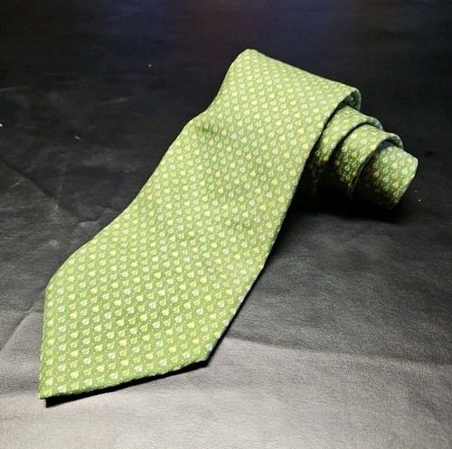 SALVATORE FERRAGAMO Necktie Green 100% Silk Tie Geometric Pattern Italy