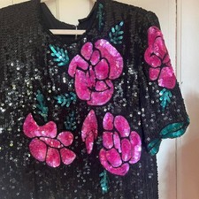 Vintage 1980s Black  Rose Floral Sequin Beaded Silk Rayon Evening Blouse Size L
