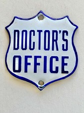 Vintage porcelain DOCTOR'S OFFICE sign, blue on white.