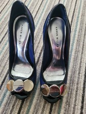 Karen Millen Shoes Size 4.5 Blue Black Slip On High Heels Open Toe Court