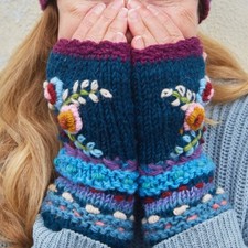 Handcrafted Flower Embroidered Fingerless Gloves Made in Nepal