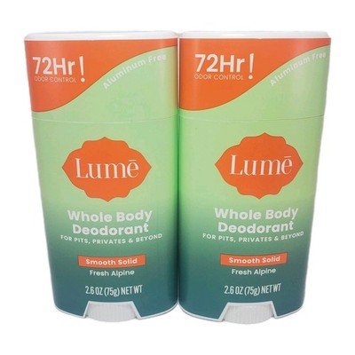2 x Lume Whole Body Aluminum Free 72H Women's Deodorant, Fresh Alpine, 2.6 oz