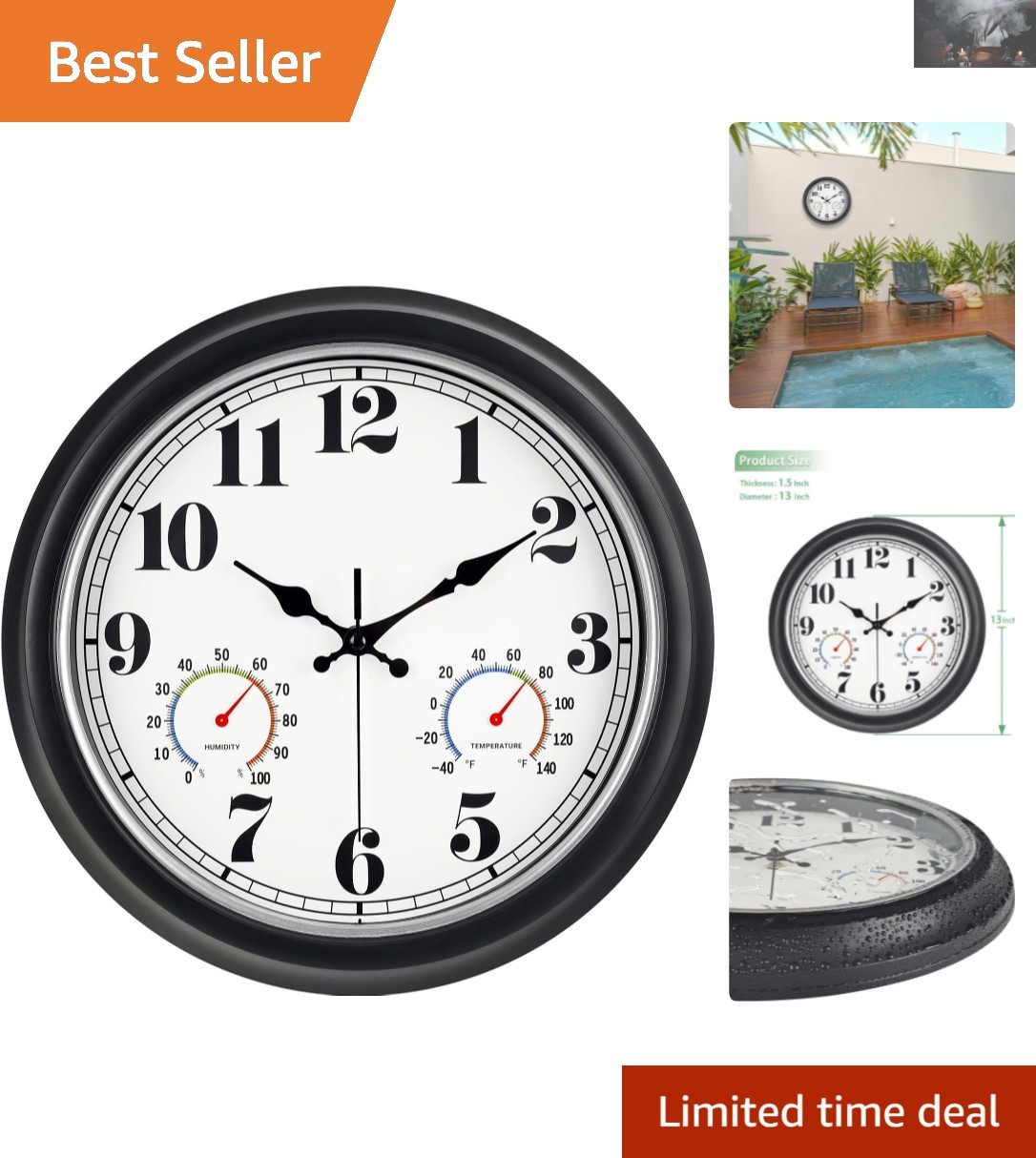 13-Inch Vintage Outdoor Wall Clock: Waterproof, Silent