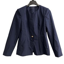 Tahari Navy Pinstripe Collarless Button Front Blazer Jacket Womens Size 10