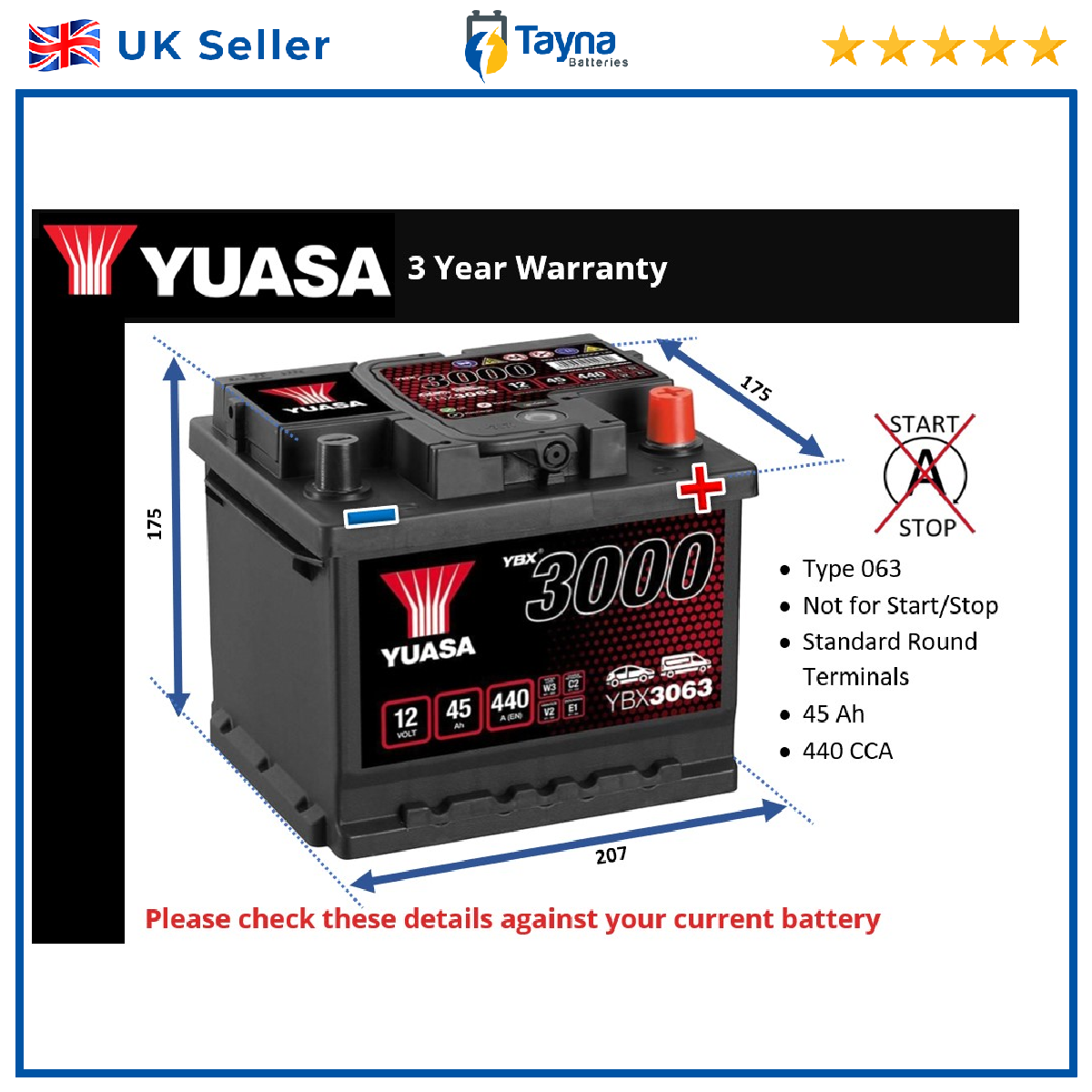 Car Battery YBX3063 Yuasa 063 440A 45Ah 3Yr Warranty 207x175x175 SMF