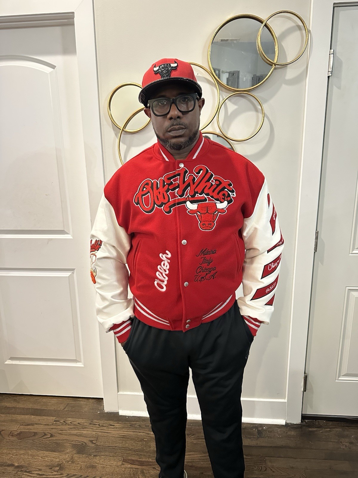Off-White Chicago Bulls Champions Varsity Jacket Red White Men's