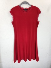 Tiana B Dress Womens Medium Red Swing Knit Lace Trim Cap Sleeve Made in USA