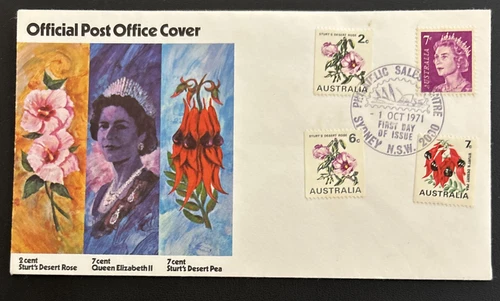 Australia FDC 1971 2 & 7cent Sturt’s Desert Pea & 7cent Queen Elizabeth II