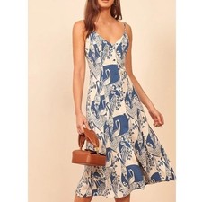 Reformation Gemstone Midi Dress Blue White Avian Floral Print Sz 12 Women's
