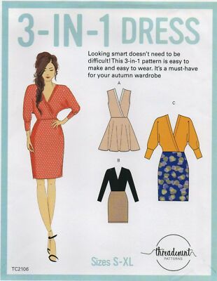 Threadcount Nähmuster 2106 3 in 1 Kleid für Strickstoffe, Größe 8-22 Neu (C)