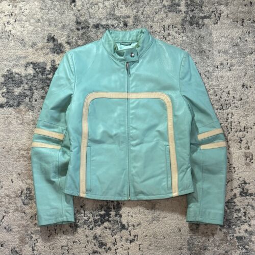 Vintage Wilsons Maxima Leather Jacket Women’s Small Blue Moto Cafe Racer Biker