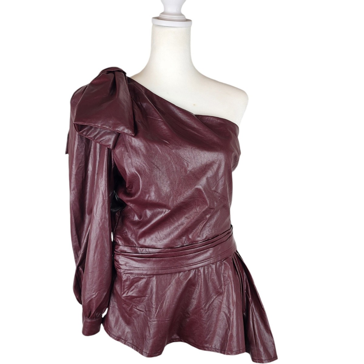 Karlie Burgundy Faux Leather One Shoulder Peplum Top Statement Bow 