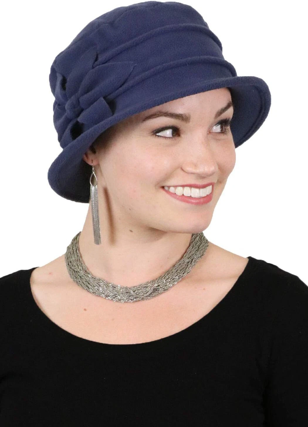 Fleece Flower Cloche Hat for Women Cancer Headwear Chemo Medium, Navy Blue