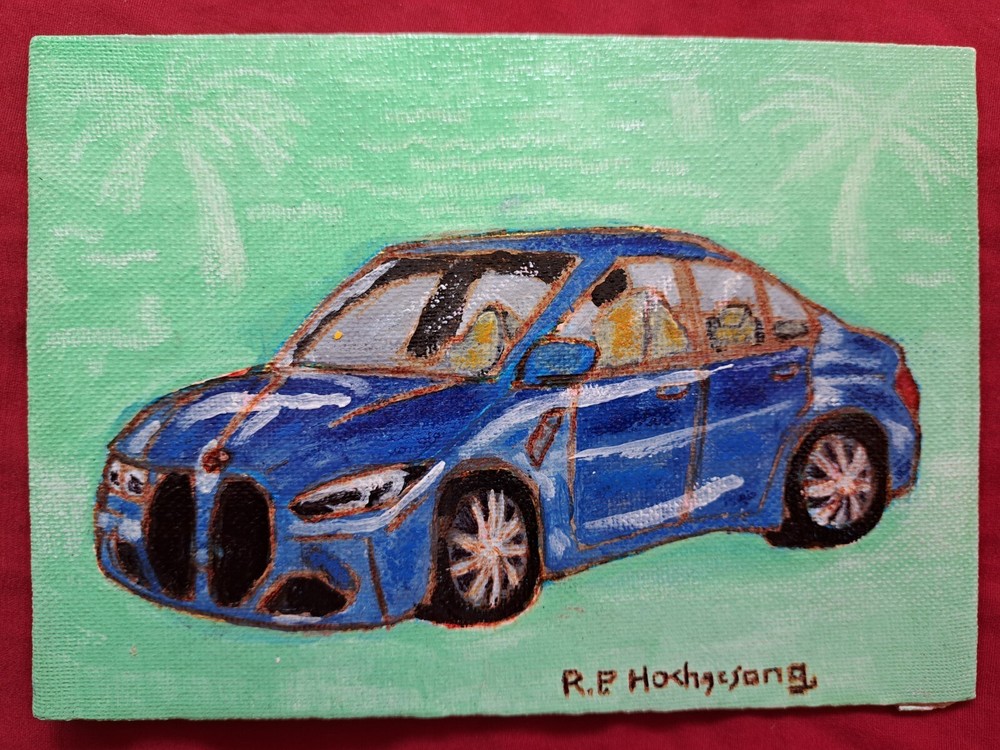 small green/blue acrylic painting of car bmw on 5x7 canvas OOAK limit 1/1 signed