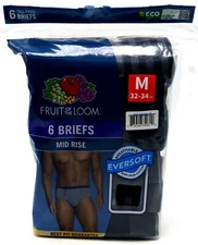 6 Black Gray Stripe & Solid M 32-34 Briefs Mid Rise Fruit of the Loom M 81-86 CM