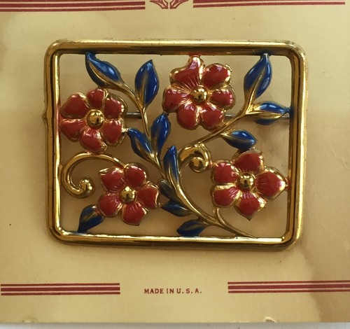 Vintage brooch - Rectangle metal brooch with Red/Blue flowers made in USA - Picture 2 of 4