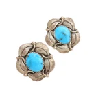 ZUNI NAVAJO 925 Silver  Vintage Turquoise Halo Carved Leaf Earrings  EG12625