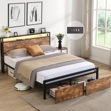 Queen Size Bed Frame With Storage Headboard And 2 Drawers, LED Lights Bed With C