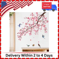 Pink Blossom Tree Wall Decals Birds on Branch Wall Stickers Pink Floral Wall ...