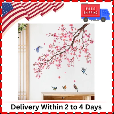 Pink Blossom Tree Wall Decals Birds on Branch Wall Stickers Pink Floral Wall ...