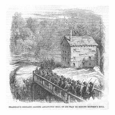 AMERIKANISCHER BÜRGERKRIEG FRANKLINS BRIGADE VORBEI AN ARLINGTON MÜHLE - ANTIKER DRUCK 1861