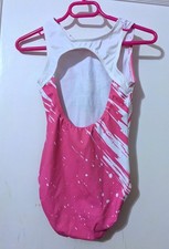 GK Elite Gymnastics Leotard Pink White Open Back Printed Size CM