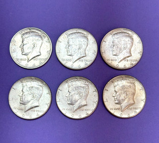 Lot of 6 1964 Kennedy Half Dollars 90% Silver Circulated Ungraded Nice Coins