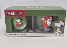 Peanuts Snoopy Clear Glass Coffee Tea Mugs 17.5 oz x2 Christmas Santa