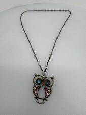 Bronze Tone Owl Multicolor Rhinestone Pendant Necklace